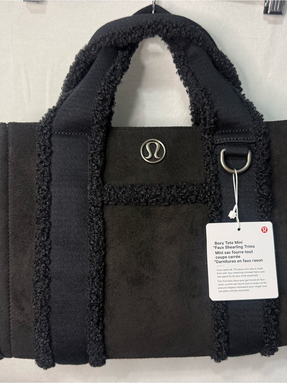 NWT Lululemon Black Boxy Tote Mini with Faux Shearling Trim 4.5L